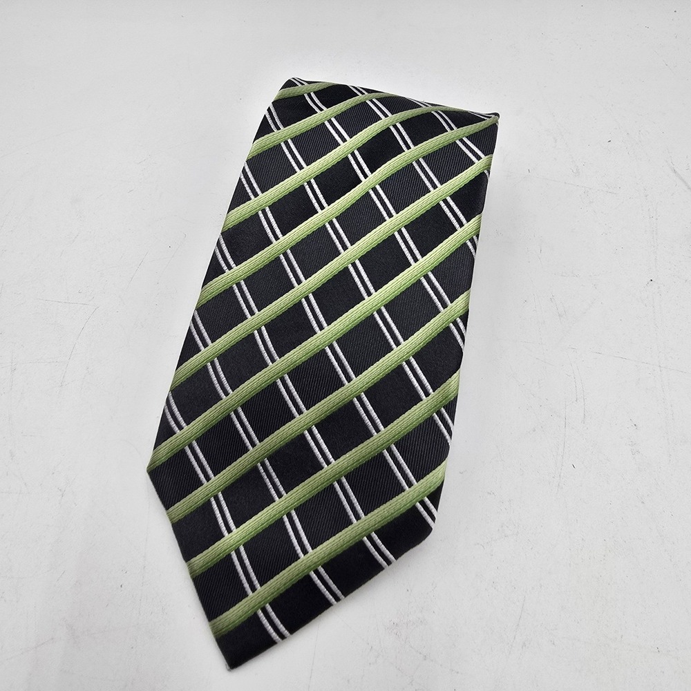 Geoffrey Beene 100% Silk Black Green White Striped Plaid‎ Neck Tie Hand Made